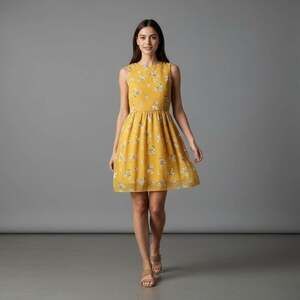 Everly Mustard Yellow Floral Fit Flare Mini Dress Small Wedding Guest Homecoming